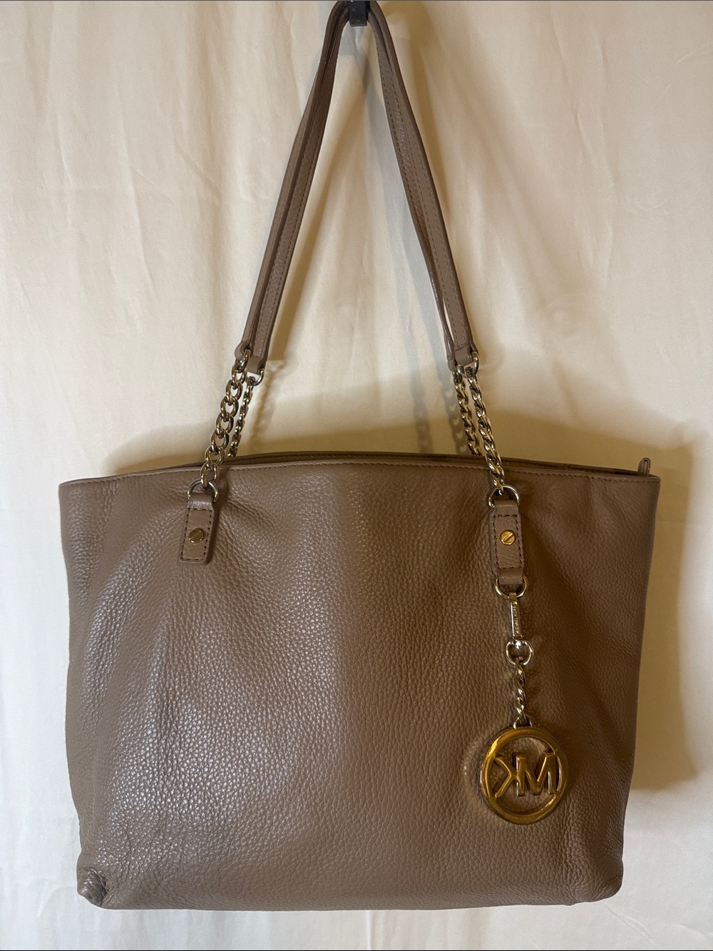 Michael Kors Pebble Leather Taupe Tote with Gold MK Charm